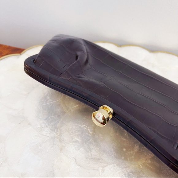 Brown Genuine Leather Croc Emboss Design Hand Held Clutch Chic Classic - Picture 10 of 15